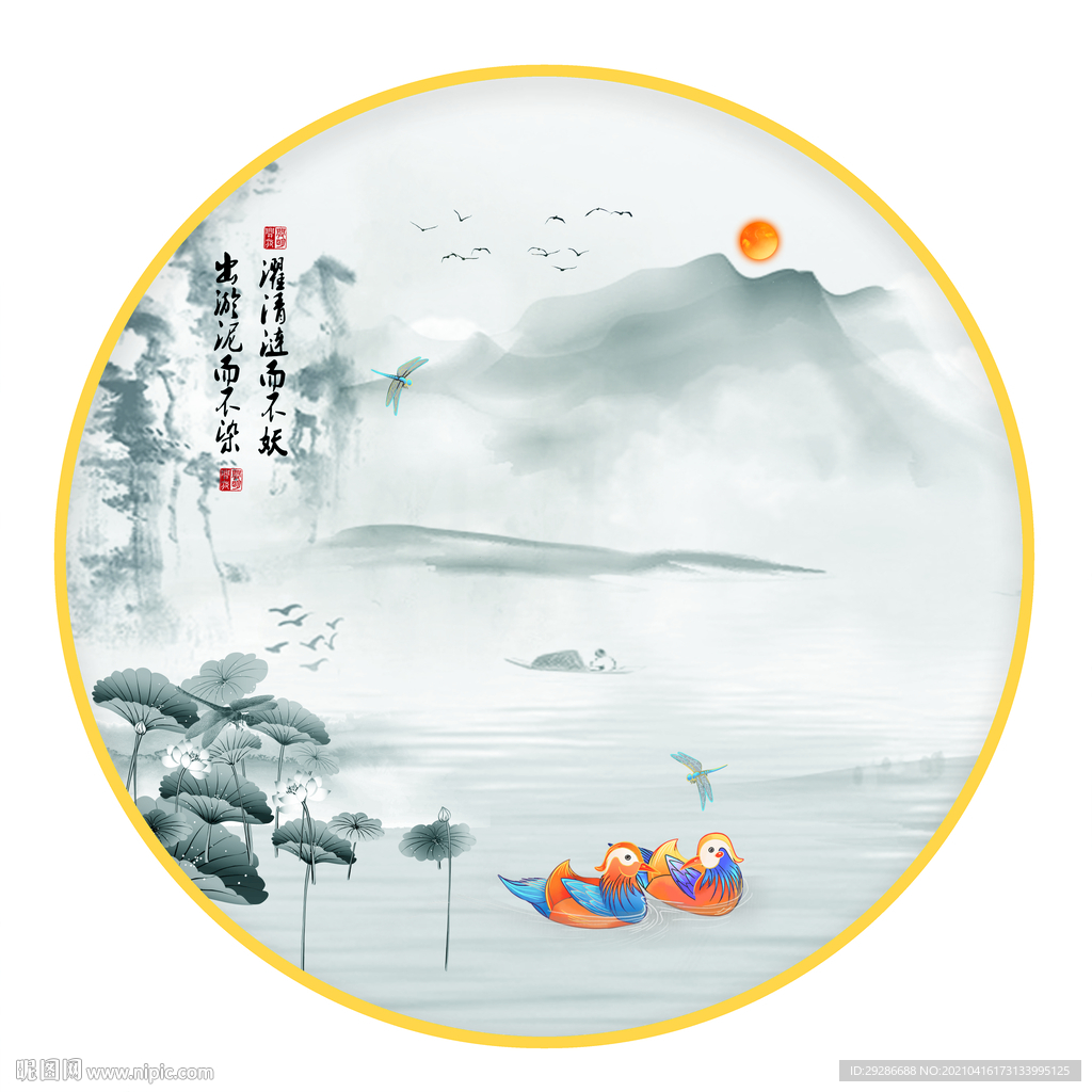中式荷花圆形画