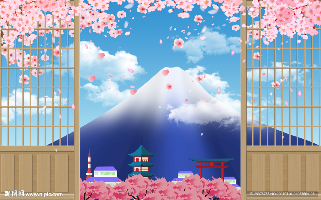木纹屏风富士山樱花背景墙