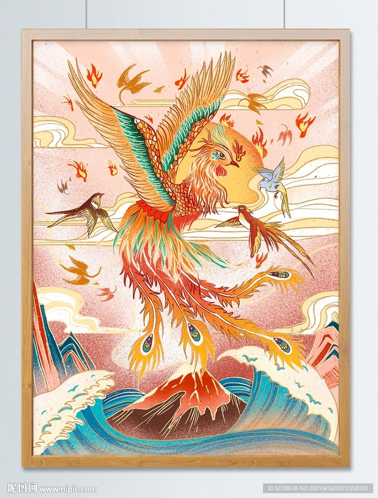 囯潮中国风百鸟朝凤场景插画