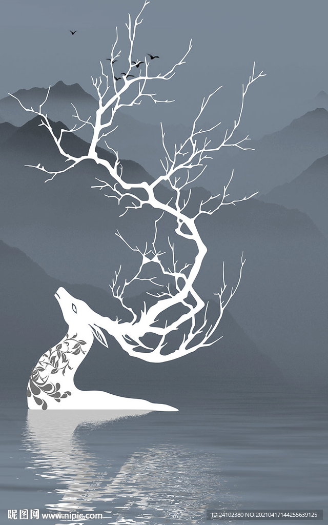 意境水墨麋鹿流水生财