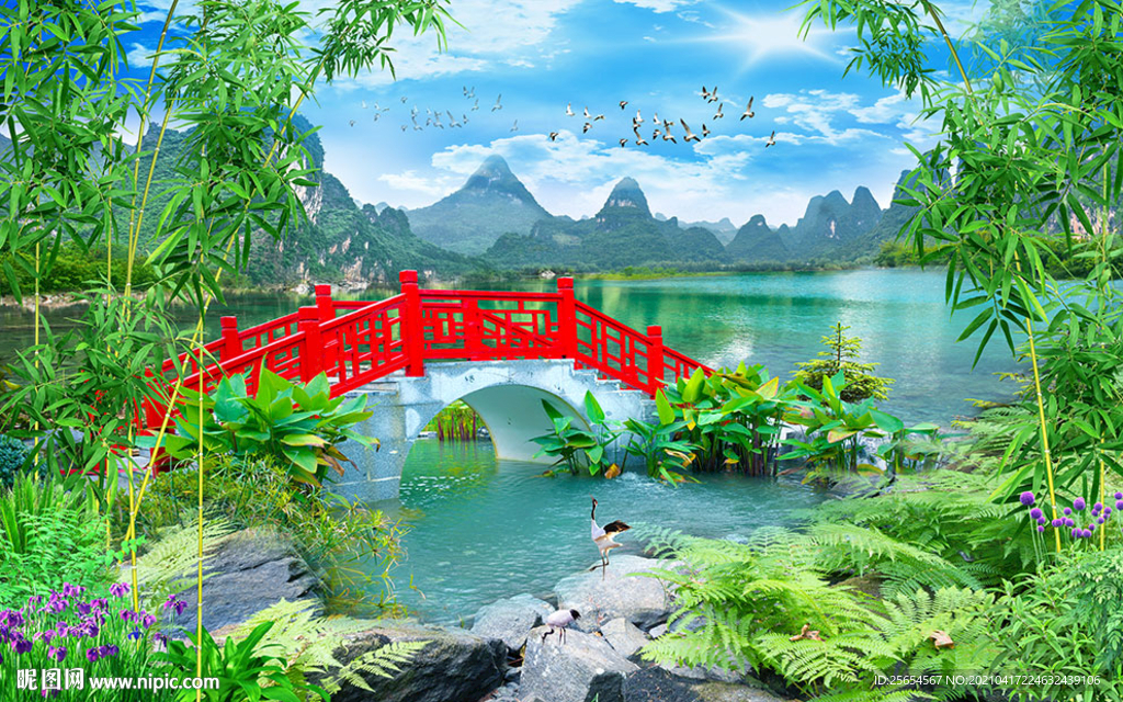 小桥流水美丽仙境风景画电视背景