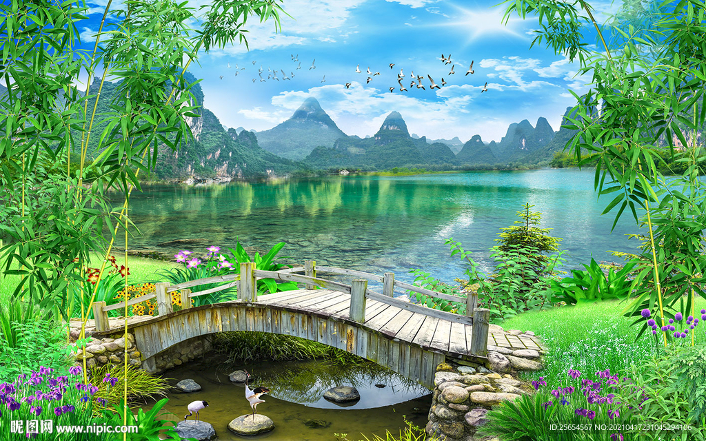 山清水秀小桥流水美丽仙境风景画