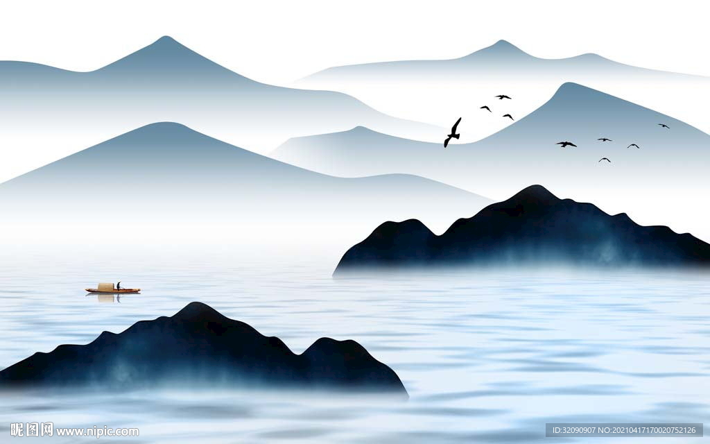 新中式蓝色山水背景墙