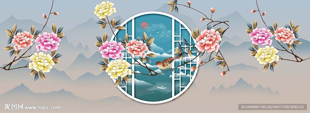 玫瑰花新中式山水晶瓷画装饰画