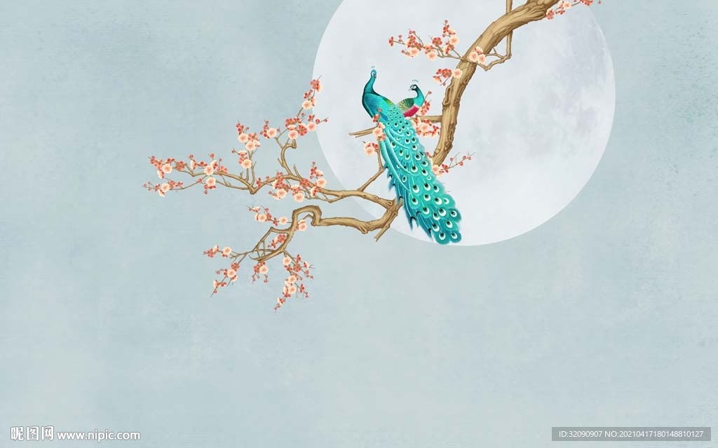 手绘孔雀玉兰月亮背景墙