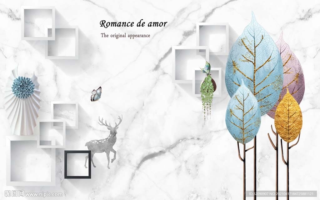 金色叶子大理石字母方框背景墙