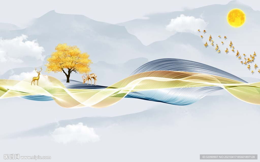 发财树烟雾太阳新中式山水背景墙