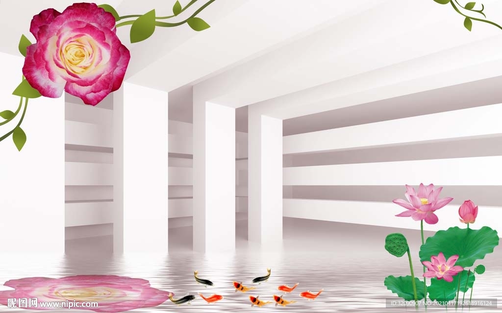 玫瑰空间荷花九鱼图倒影背景墙