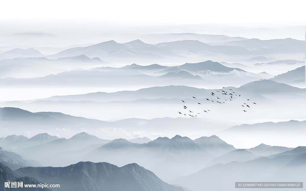 新中式蓝色山水飞鸟背景墙
