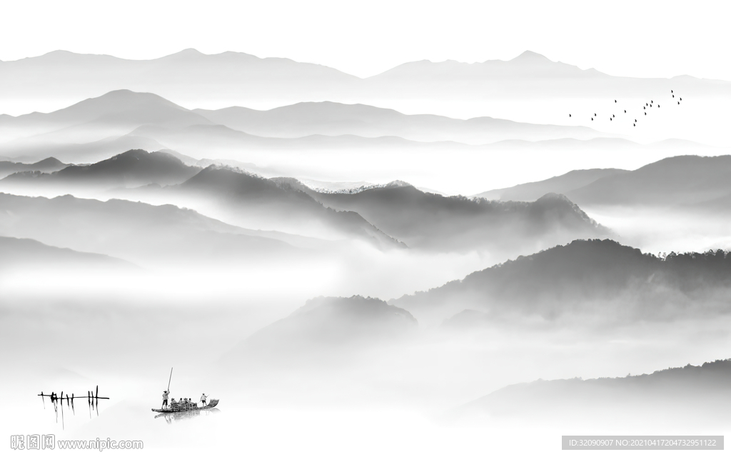 新中式黑白山水小船背景墙