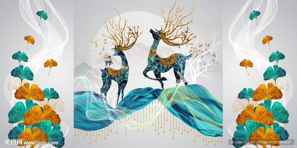 珐琅彩麋鹿三联画