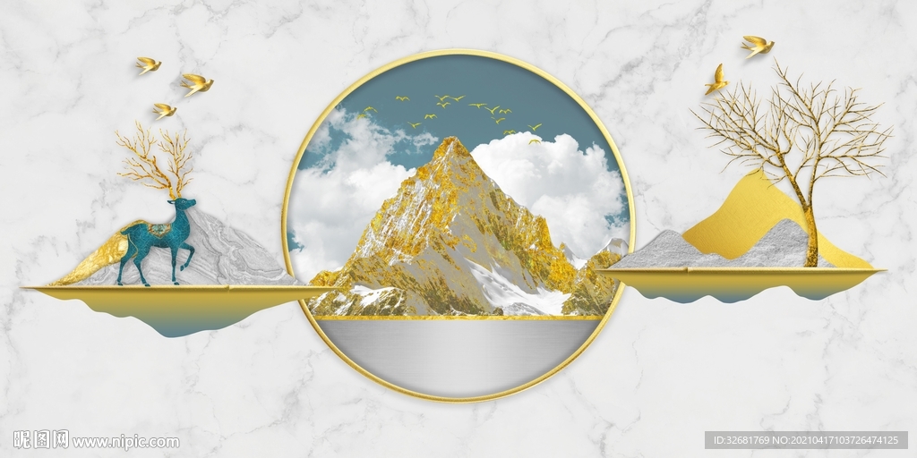 金色山水 麋鹿山水