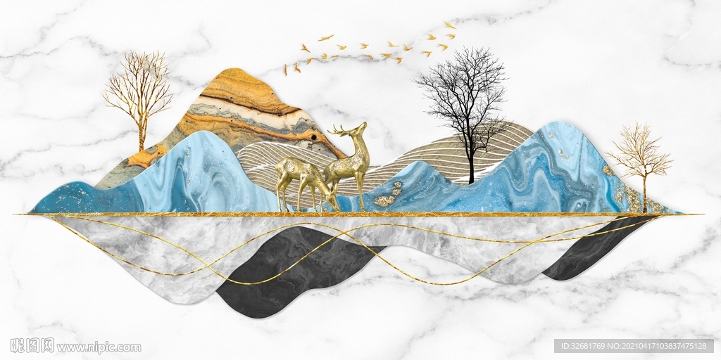 麋鹿山水大理石装饰画