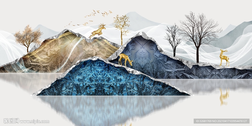 麋鹿山水装饰画