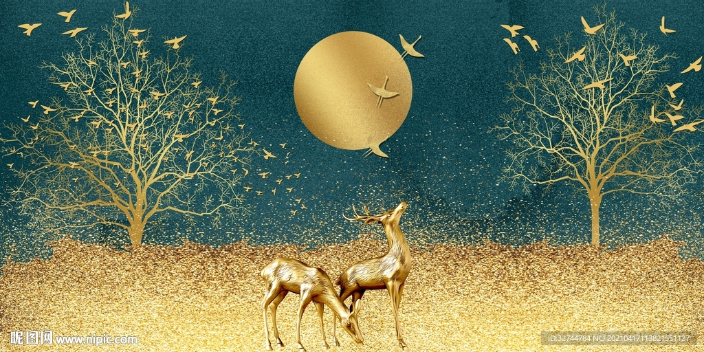 麋鹿发财树装饰画玄关