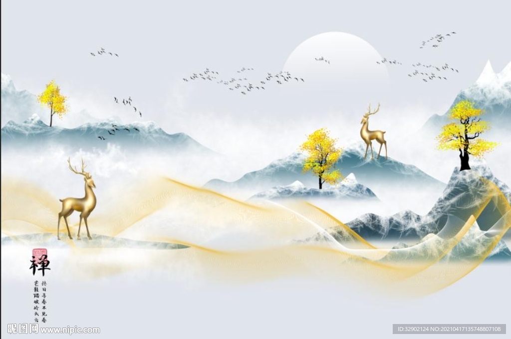 爵士白新中式抽象线条麋鹿背景墙