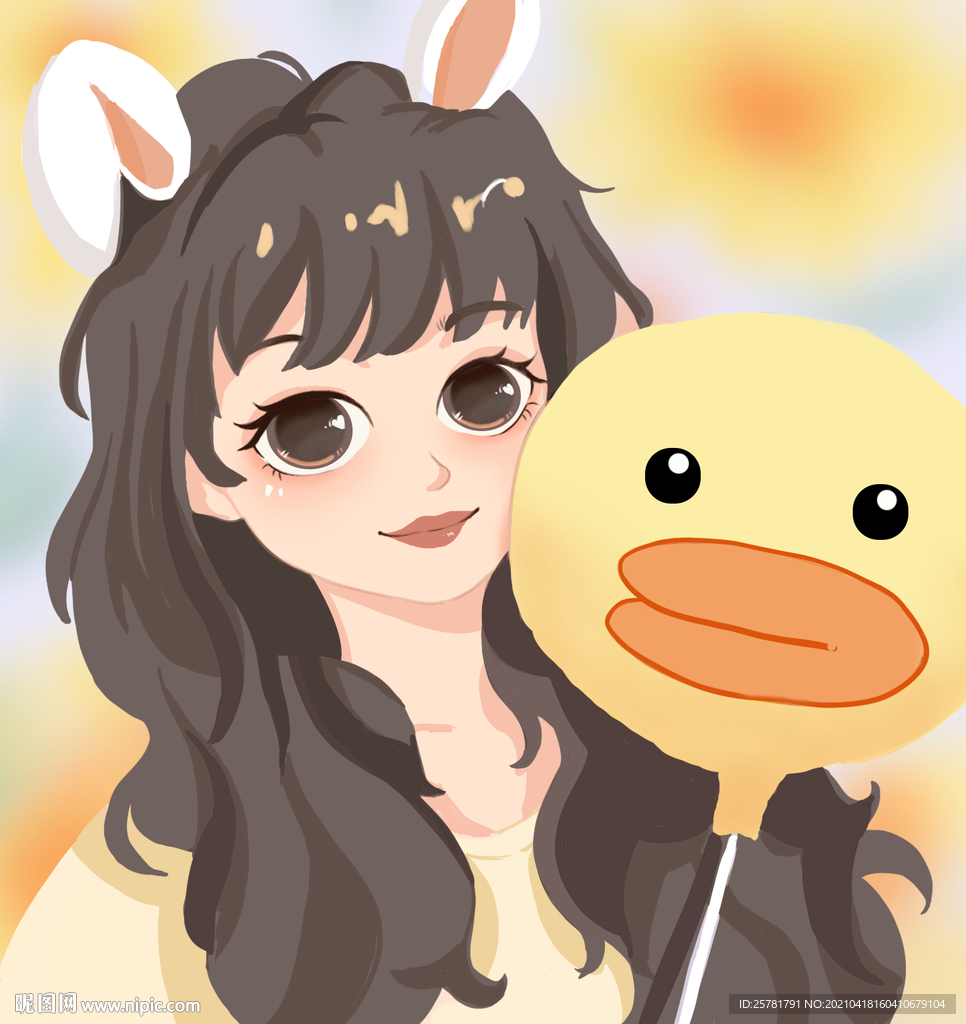 插画卡通 女孩 小黄鸭 手绘