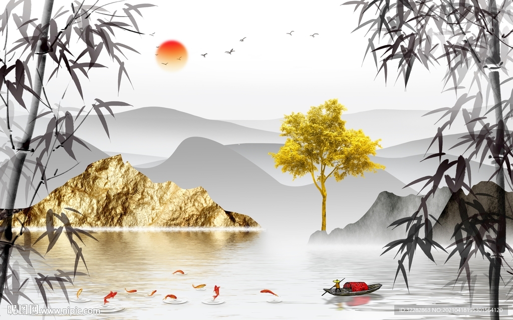 竹子风景山水墙画 文件分层