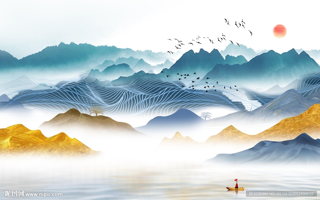 蓝色 风景山水墙画 文件分层