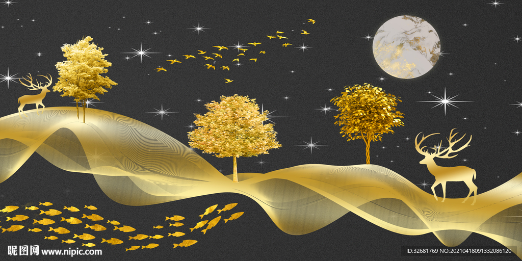 麋鹿山水晶瓷画