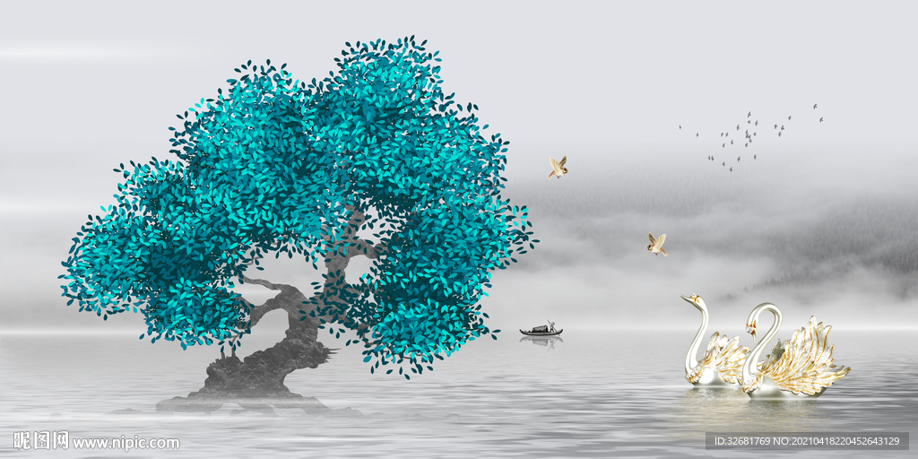 发财树天鹅装饰画