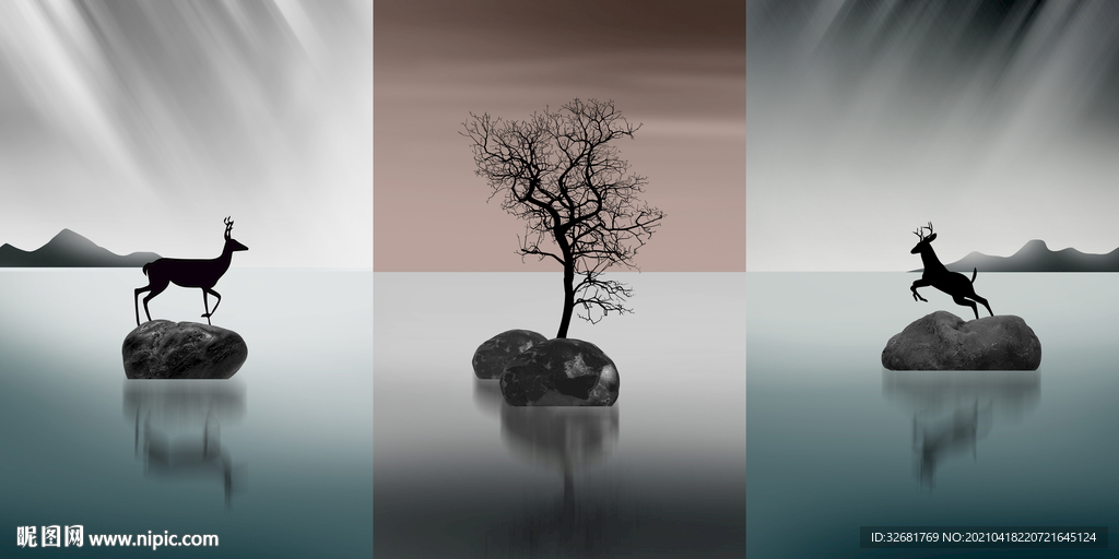 黑白转运石麋鹿三联画