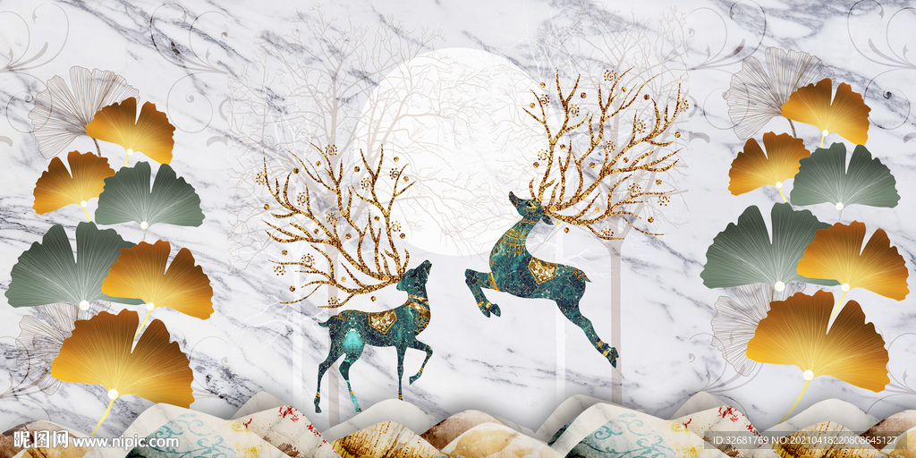 麋鹿银杏叶装饰画