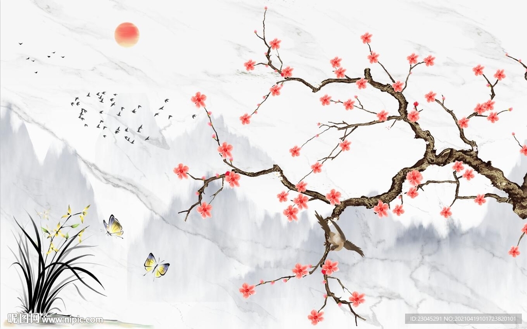 红梅雪梅兰花新中式背景墙