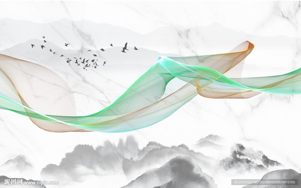 江山如画新中式抽象曲线背景墙