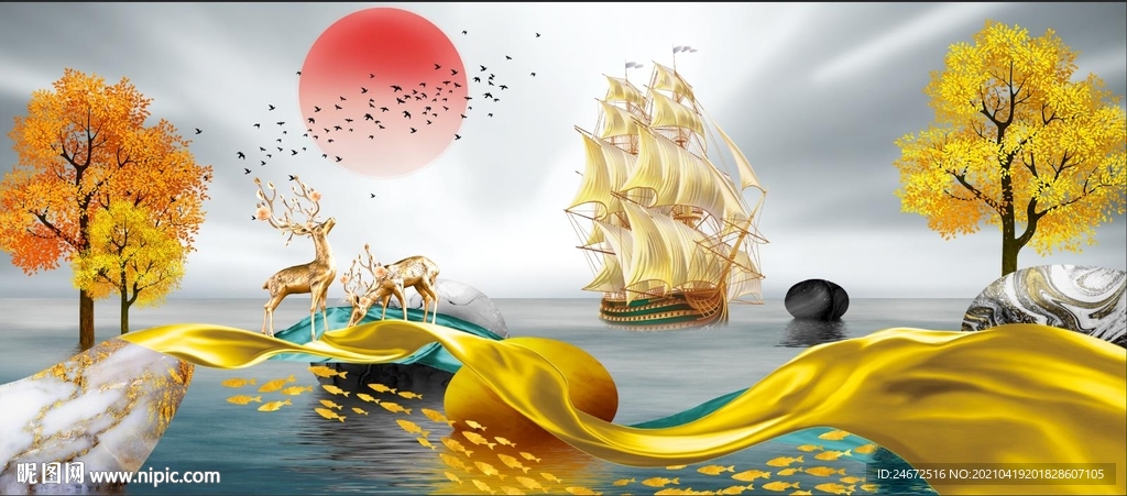 发财树麋鹿石头飘带装饰画