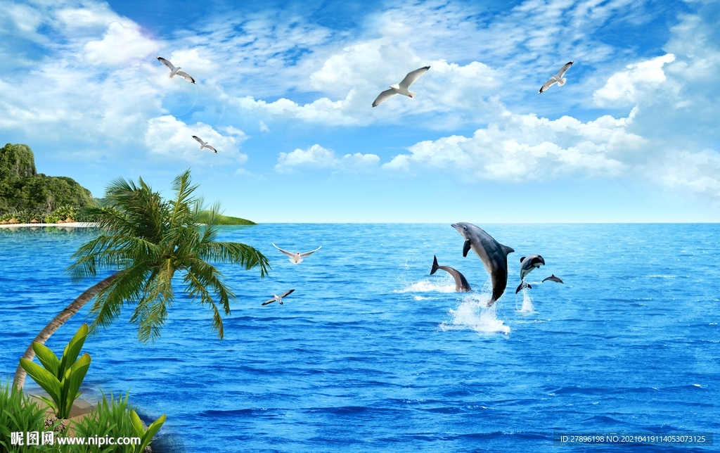 蓝天白云海豚椰子树