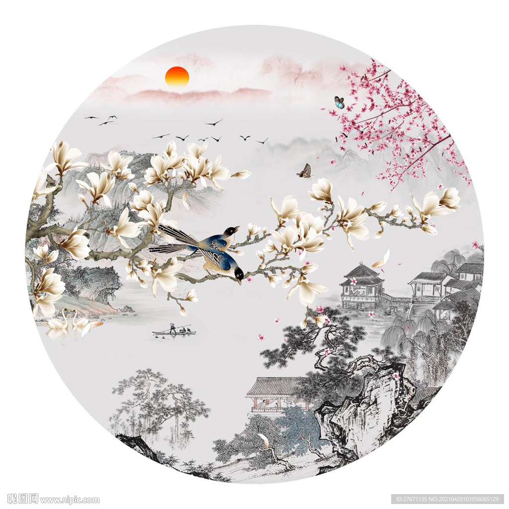 山水花鸟圆形装饰画