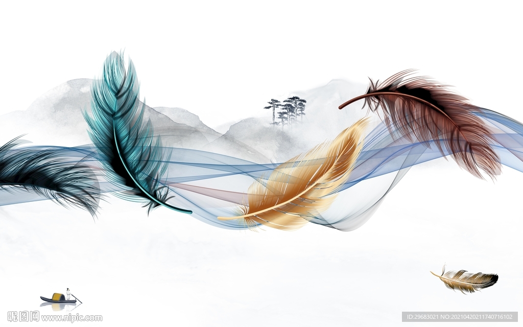 现代新山水羽毛画 tif分层