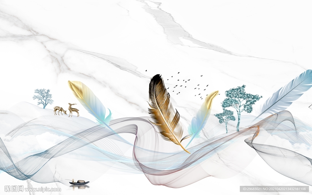 爵士白新山水羽毛画 tif分层