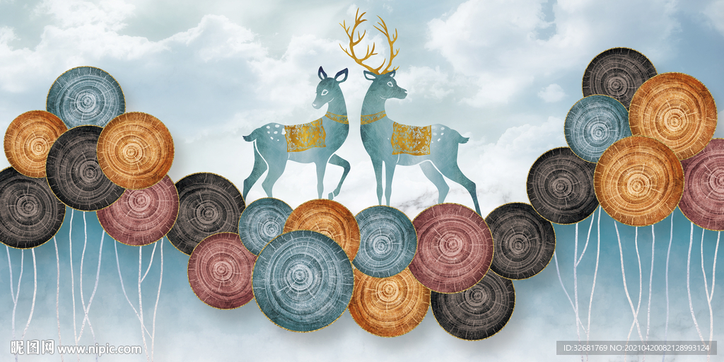 年轮麋鹿三联画玄关