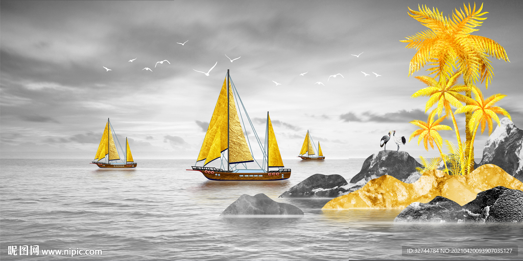 帆船金色海边装饰画