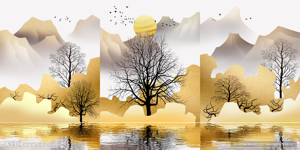 金色山水三联画