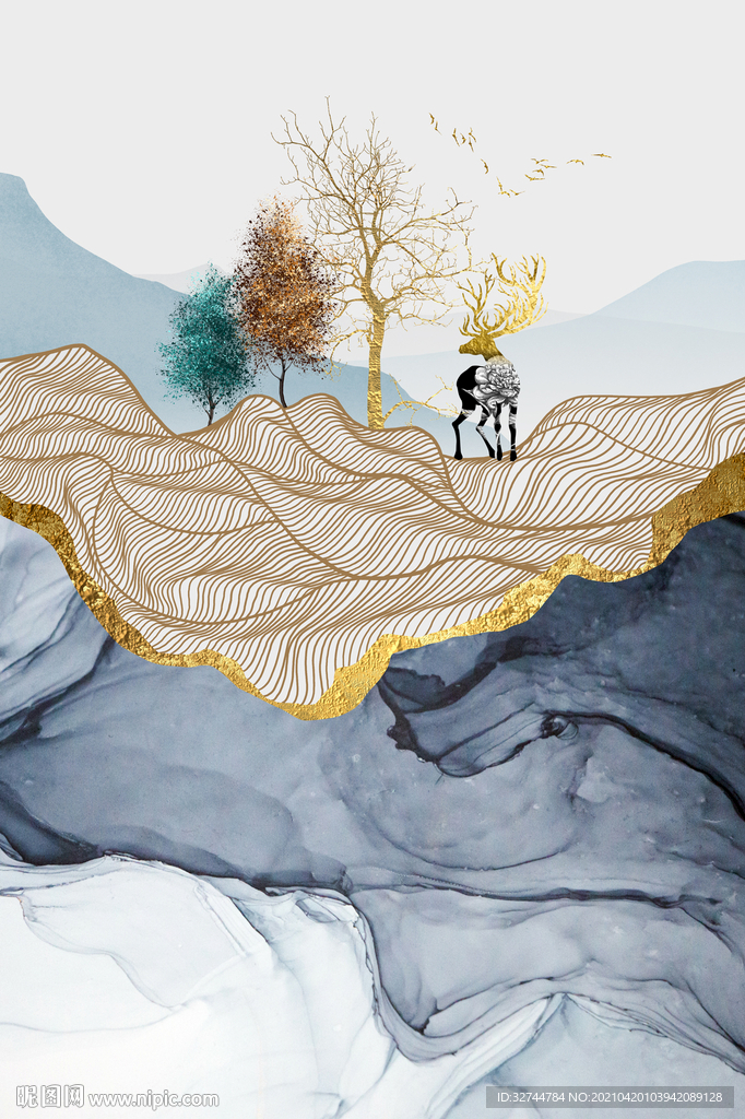 麋鹿线条山水