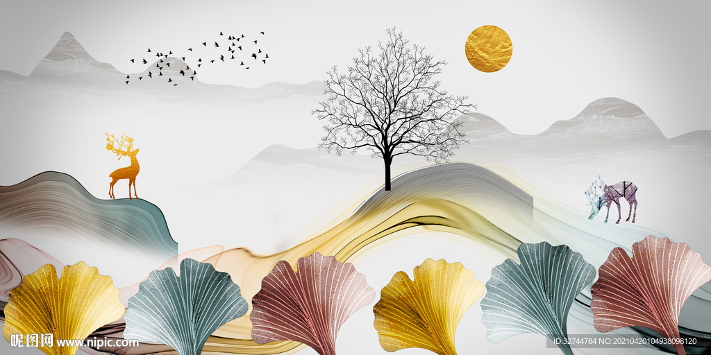 银杏叶麋鹿装饰画