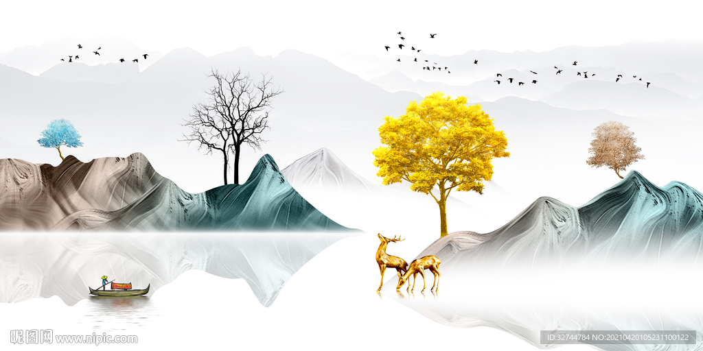 麋鹿山水意境山水