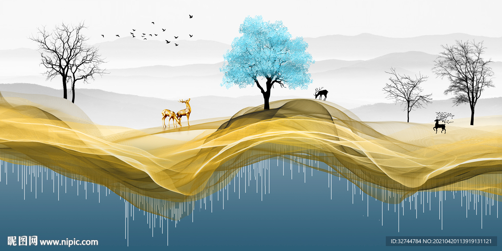 金色线条麋鹿山水