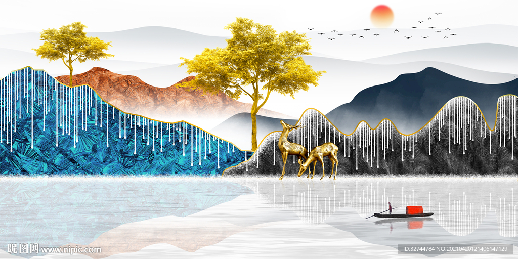 麋鹿山水装饰画