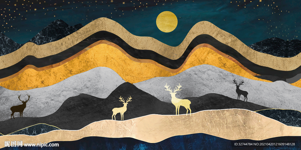 抽象麋鹿山水 线条山水