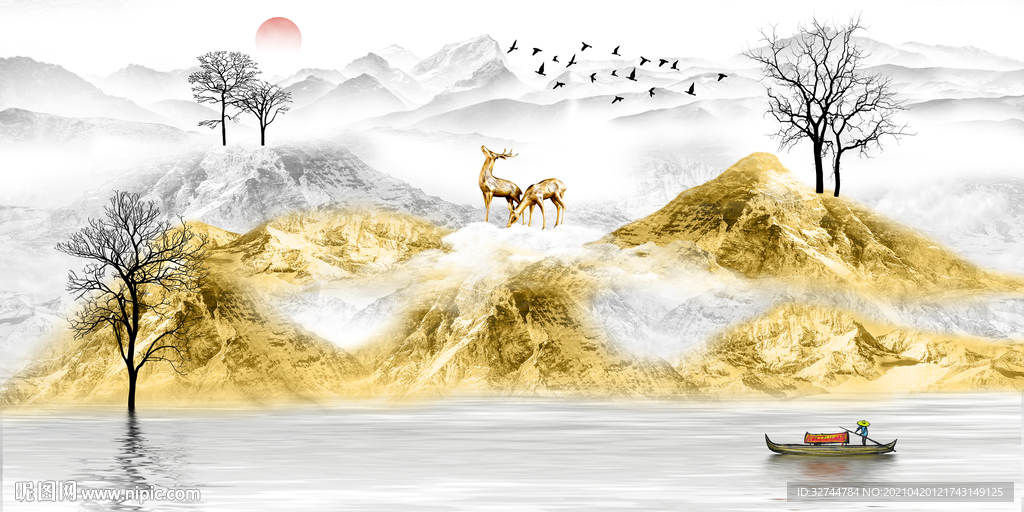 麋鹿山水金色山水