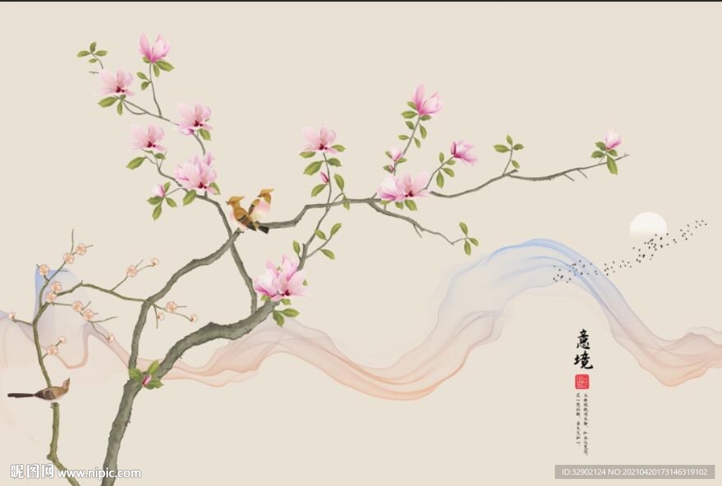 新中式工笔玉兰室雅兰香背景墙