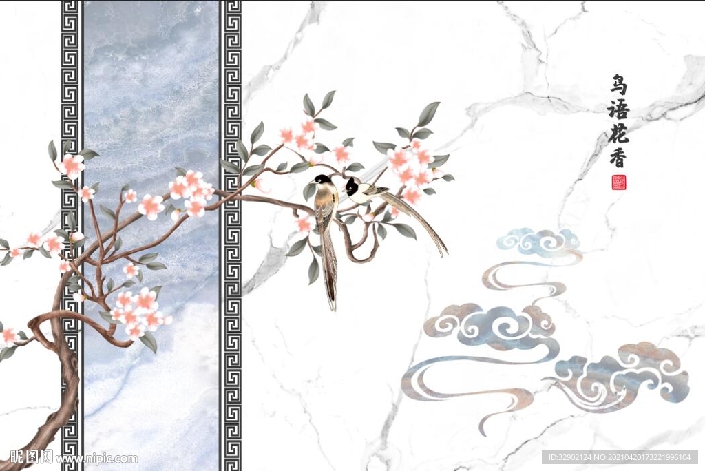 中国风爵士白工笔花鸟背景墙