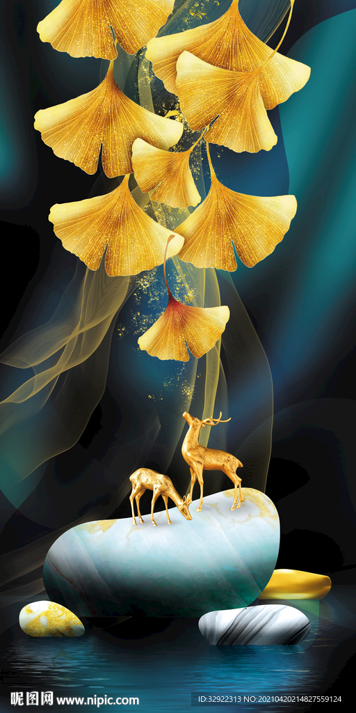 麋鹿银杏叶装饰画玄关