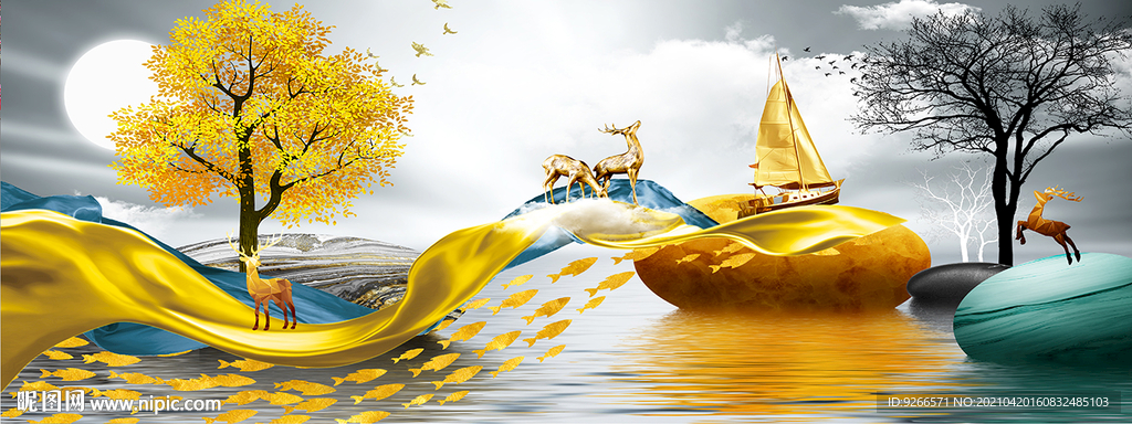 麋鹿风景山水画 晶瓷画 装饰画