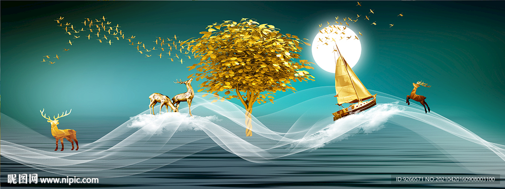 麋鹿风景山水画 晶瓷画 装饰画