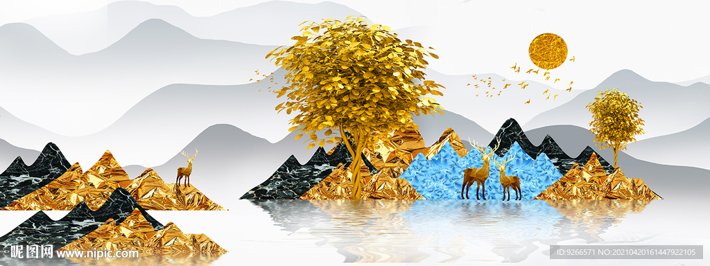 麋鹿风景山水画 晶瓷画 装饰画